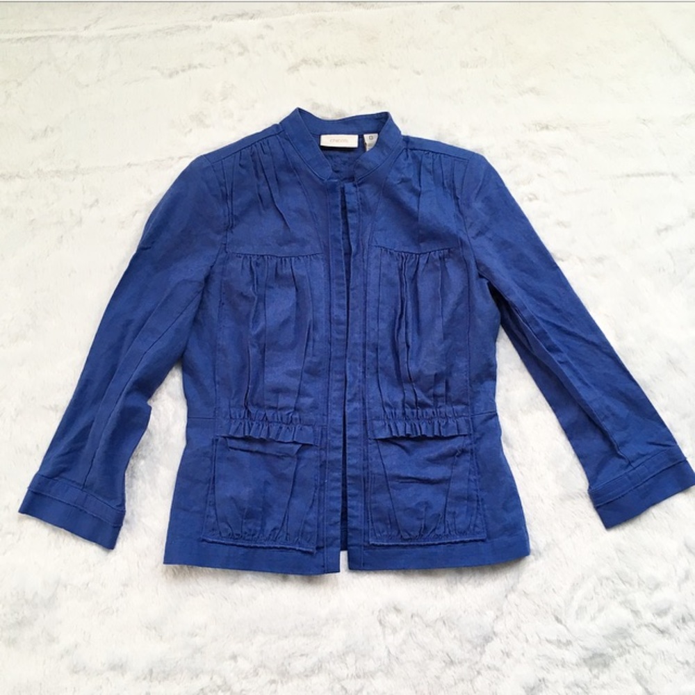 Like New Chicos Blue Linen Cotton Open Front Blazer Jacket